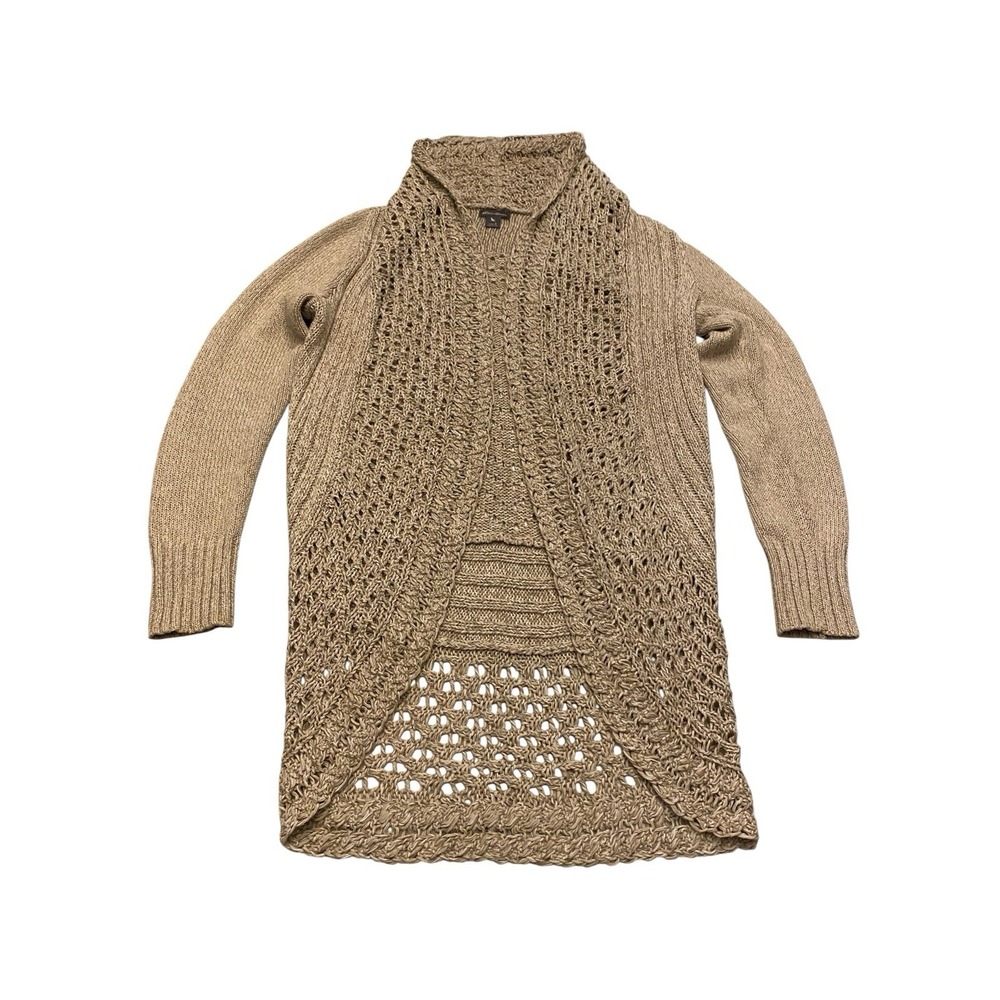 Eddie Bauer Cardigan Sweater Womens Small Tan Beige Chunky Knit Crochet Duster